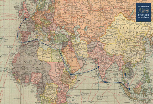 แผนที่เส้นทางเดินเรือ เรือหลวงพระร่วง ที่มา: นิธิ วุฒิพงศ์ และ ฑิตยา ชีชนะ, 78 วัน เหนือผืนน้ำ ภาพสะท้อนพระปรีชาของกรมหลวงชุมพรฯ บนเรือพระร่วง