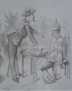 ภาพข่าวการบังคับในหลวงรัชกาลที่ ๕ ทำสนธิสัญญา ที่มา : PUNCH, 14 October 1893
