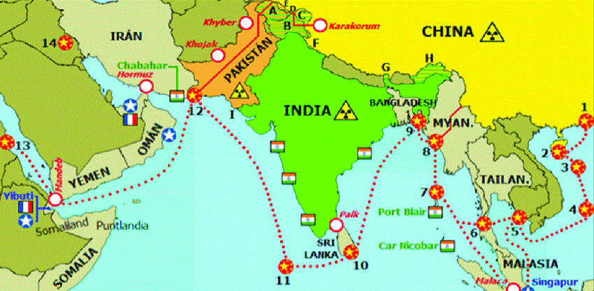 The String of Pearls of China & ports of the Chinese Navy in the Indian Ocean Arena