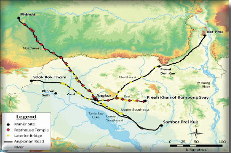 ราชมรรคา ระบบถนนหิน ๕ สายที่พุ่งออกจากเมืองพระนคร (Angkor) ไปทั่วอาณาจักรพระนครโดยเฉพาะอย่างยิ่งเส้นที่มุ่งสู่พิมาย ฐานอำ�นาจเดิมของราชวงศ์ มหิธรปุระ ราชวงศ์ของชัยวรมันที่ ๗ ในแดนอีสานของไทย ที่มา: researchgate.net
